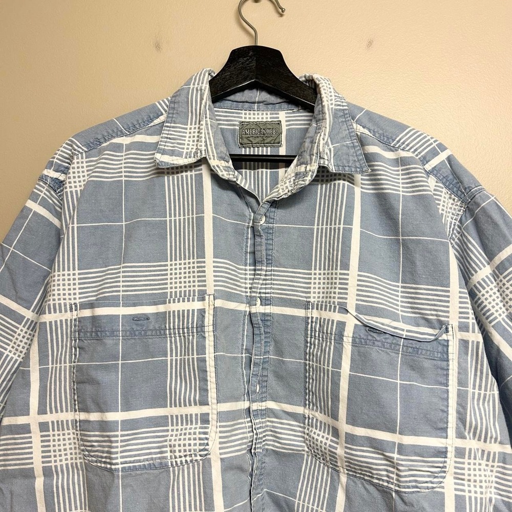 Vintage 90s American Hero Blue White Checkered Cropped Short Sleeve Shirt Mens L - Picture 2 of 7